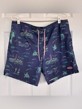 Vineyard Vines Navy Swim Board Shorts with Pink Drawstring